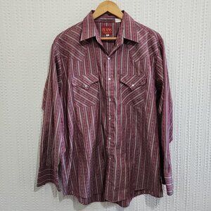 Plains Western Wear Pearl Snap Striped Red White Long Sleeve Shirt Men's Large